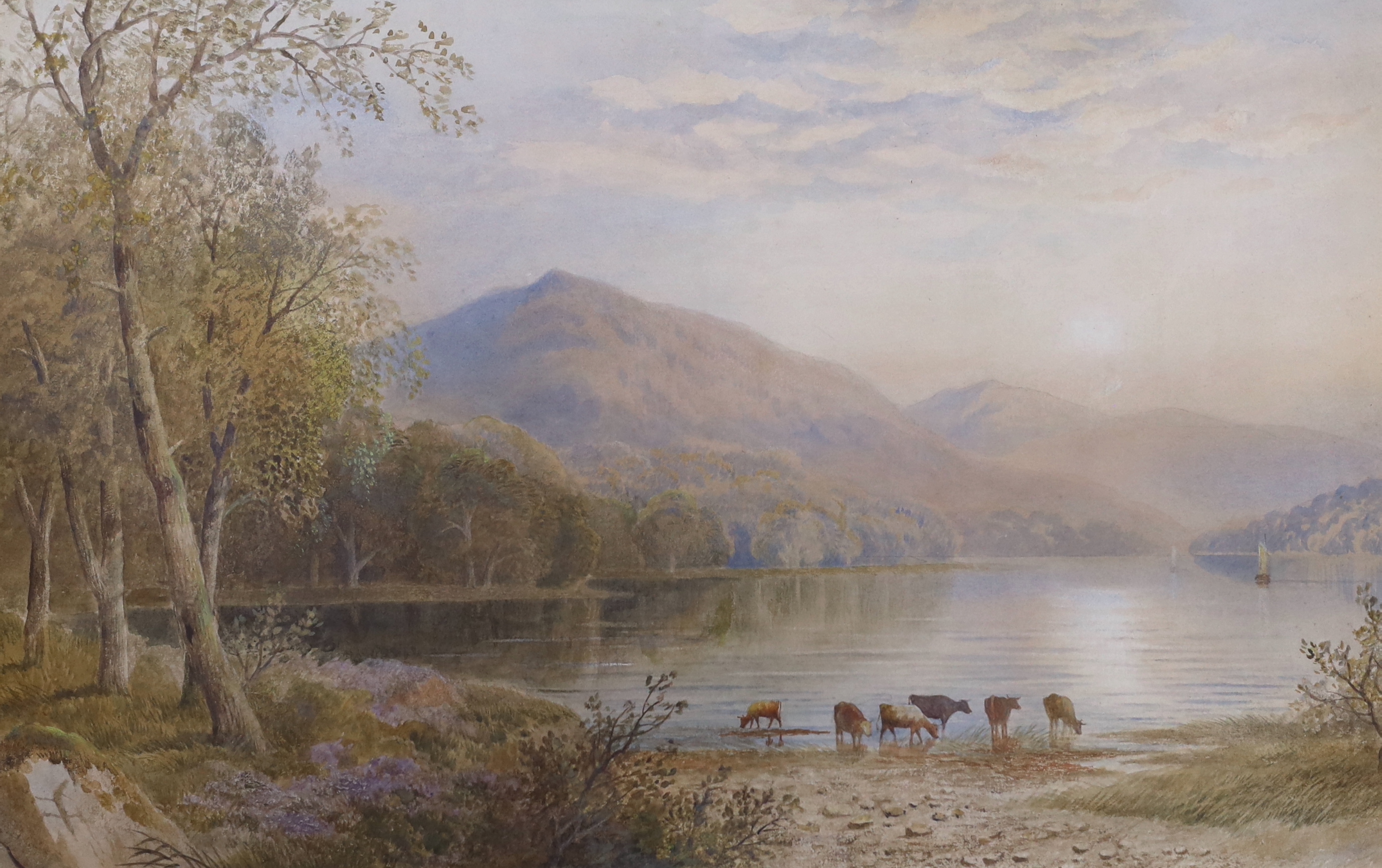 Charles Pearson (1805-1891), pair of watercolours, Cattle watering and Rowing boat on a lake, signed and dated 1883, 34 x 52cm